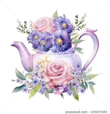 Watercolor teapot with flowers isolated 105675443