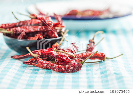 Red chili peppers on checkered tablecloth. Red chili peppers on checkered tablecloth. 105675465