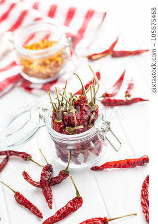 Red chili peppers in jar on white table. Red chili peppers in jar on white table. 105675468