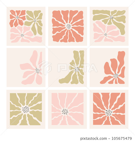 Trendy pastel color modern minimal wall art, poster, card template. Boho style wavy camomile, daisy abstract flowers compositions set. 105675479