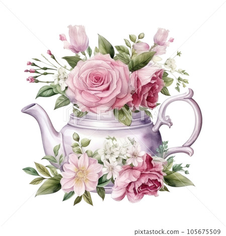 Watercolor teapot with flowers isolated 105675509