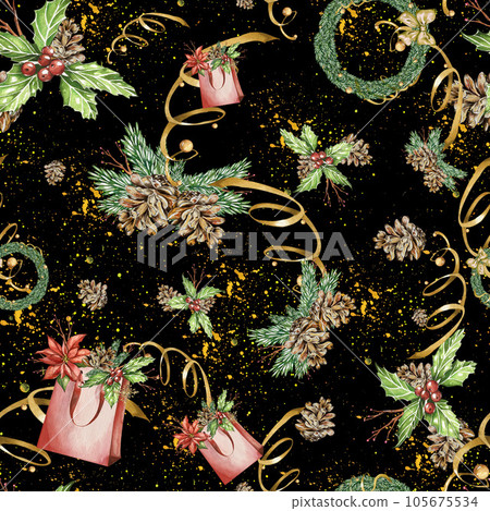 Collection of watercolor postcards with Christmas and winter. Poinsettia, holly, Christmas tree toys, holiday symbols. Suitable for the design of postcards, New Year's invitations. 105675534