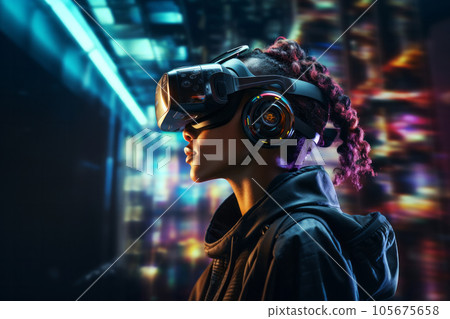 Woman in virtual reality technology glasses on neon colour lights background. Generative AI 105675658