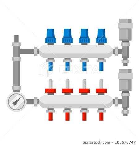 Illustration of hydronic manifolds. Industrial image of plumbing object. 105675747