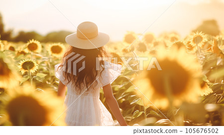 Sunflower field and woman in white dress - Stock Illustration ...