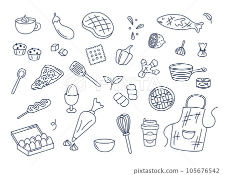 Cooking doodles vector set of isolated elements. Cute doodle illustrations collection of utensils, kitchenware, food, meal ingredients, kitchen objects. Fruits, vegetables, bakery on white background Cooking doodles vector set of isolated elements. Cute doodle illustrations collection of utensils, kitchenware, food, meal ingredients, kitchen objects. Fruits, vegetables, bakery on white background 105676542