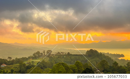 Stunning view on mount Abang and lake Batur at sunrise Stunning view on mount Abang and lake Batur at sunrise 105677033