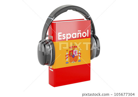 Spanish language textbook with headphones. Learn Spanish language, classes. 3D rendering Spanish language textbook with headphones. Learn Spanish language, classes. 3D rendering 105677304