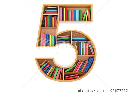 Number 5 in the form of shelves with books, 3D rendering Number 5 in the form of shelves with books, 3D rendering 105677312