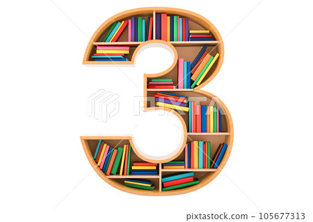 Number 3 in the form of shelves with books, 3D rendering 105677313