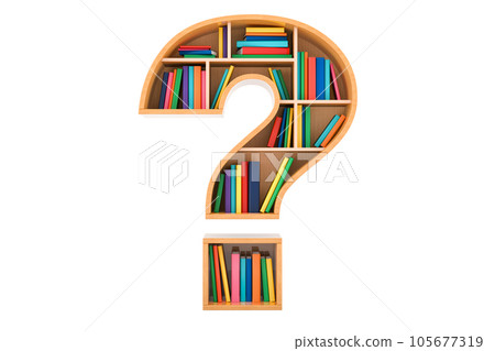 Question mark as bookshelf with books. Search and education concept, 3D rendering Question mark as bookshelf with books. Search and education concept, 3D rendering 105677319
