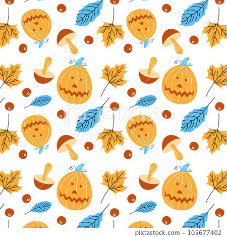 Autumn pumpkin pattern with leaves and mushrooms, fun Halloween. Autumn pumpkin pattern with leaves and mushrooms, fun Halloween. 105677402