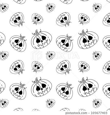 Autumn pumpkin pattern with leaves and mushrooms, fun Halloween. Autumn pumpkin pattern with leaves and mushrooms, fun Halloween. 105677403