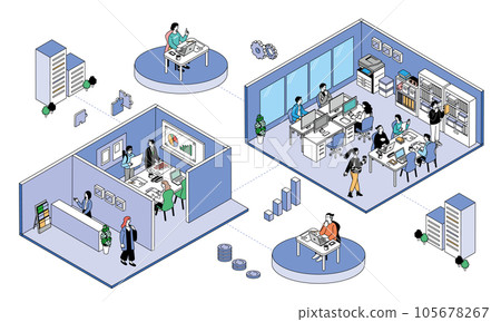 Isometric composition office illustration of people having meetings and desk work 105678267