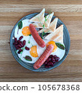 Breakfast on a plate with fried eggs, sausages, beans and toasts 105678368