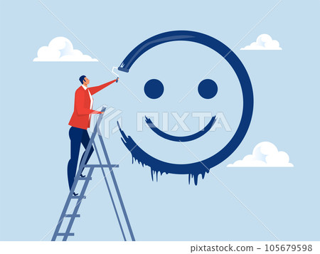 Positive thinking concept,happy businessman  climb up  stairs  ladder to painting ing smile face on wall with roller vector illustration. 105679598