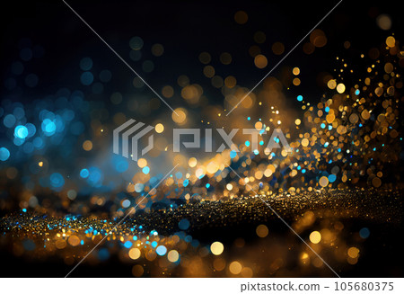 A dark and festive glittery background, with a mix of blue and gold sparkles and a defocused bokeh texture. Perfect for night events and holiday celebrations. AI Generative. 105680375