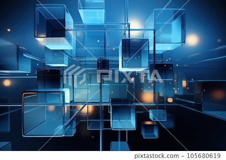 藍色立方體抽像數字背景素材（AI生成圖像） 105680619