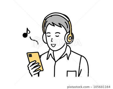 Young man listening to music on smartphone 105681164