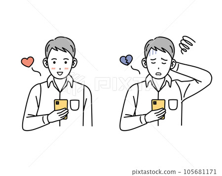 Depressed young man looking at smartphone Depressed young man looking at smartphone 105681171