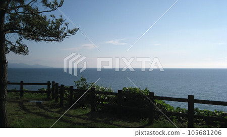 Landscape with pine trees, blue sky, blue sea and Mt. Yoneyama on the horizon 105681206