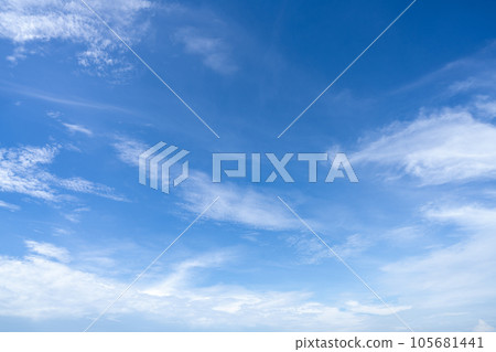 Blue sky and white cirrocumulus clouds texture background. Blue sky on sunny day. Summer sky. Cloud formation. Fluffy clouds. Nice weather in summer season. Weather pattern. Atmospheric phenomenon. 105681441