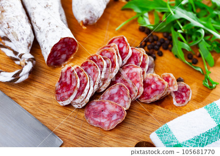 Sliced spanish sausage fuet 105681770