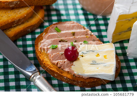 Pate on toasted bread with soft blue cheese Pate on toasted bread with soft blue cheese 105681779
