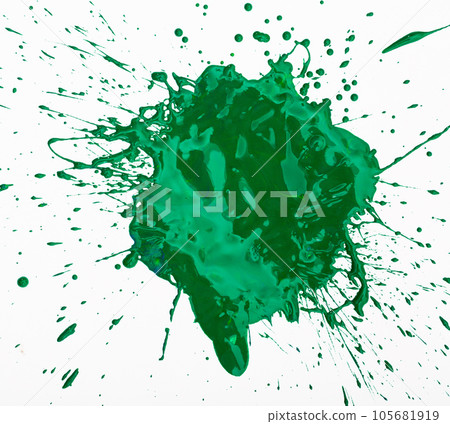 Artistic image of green paint spot spilled on background of white paper 105681919