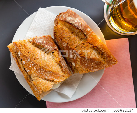 Top view of sandwich with eggs and anchovies Top view of sandwich with eggs and anchovies 105682134