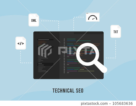Technical SEO Audit concept. Search engine strategy with technical on-page SEO optimization. Website development with seo-friendly site structure, improve website speed, use sitemap, other seo factors 105683636