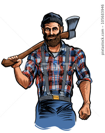 Lumberjack with ax. Man eating hot dog. - Stock Illustration