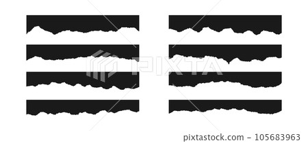 Torn long pieces of paper set. Black paper strips with jagged and even edges. Ripped horizontal fragment collection. Textured grunge element bundle for collage, textbox, banner, sticker. Vector 105683963
