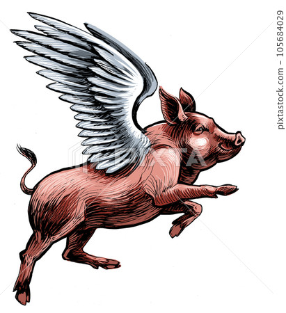 Flying pig. Hand-drawn ink on paper and hand colored on tablet 105684029