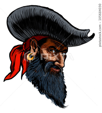 Pirate captain head. Hand-drawn ink on paper and hand colored on tablet 105684030