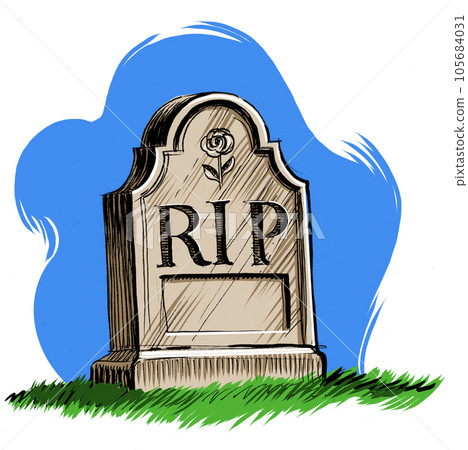 Tomb stone with RIP letters. Hand-drawn ink on paper and hand colored on tablet 105684031