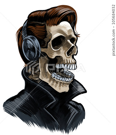 Dead rocker in headphones. Hand-drawn ink on paper and hand colored on tablet 105684032