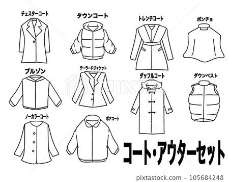 Clothes icon set that can be used for apparel and clothing. Illustrations of outerwear, coats, etc. 105684248