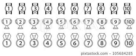 Number icon set / illustration / victory / line / ribbon / decoration / simple / ranking / ranking / medal / black and white 105684285