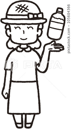 Full-body line drawing illustration of a woman holding a plastic bottle of water in her left hand, wearing a straw hat and smiling while facing the front Full-body line drawing illustration of a woman holding a plastic bottle of water in her left hand, wearing a straw hat and smiling while facing the front 105684366