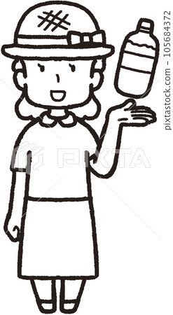 全身線畫插圖:一名婦女左手拿著塑料瓶水,戴著草帽,面帶微笑 全身線畫插圖:一名婦女左手拿著塑料瓶水,戴著草帽,面帶微笑 105684372