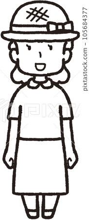 Full-body line drawing illustration of a woman wearing a straw hat and smiling while facing the front Full-body line drawing illustration of a woman wearing a straw hat and smiling while facing the front 105684377
