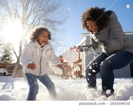 Mother have fun and enjoy the fresh snow with her daughter on a beautiful winter day. Outdoor fun for family Christmas vacation. Generative Ai. 105684630