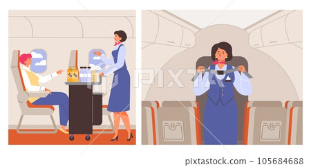 Stewardess or air hostess performs her duty, flat vector illustration. 105684688