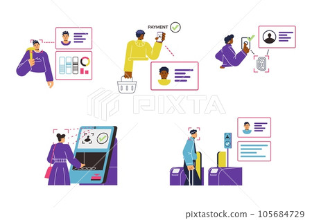 Biometric authentication for bank access flat vector illustrations isolated. Biometric authentication for bank access flat vector illustrations isolated. 105684729