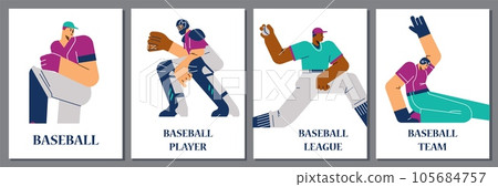 Baseball players posters set, flat vector illustration. Baseball players posters set, flat vector illustration. 105684757