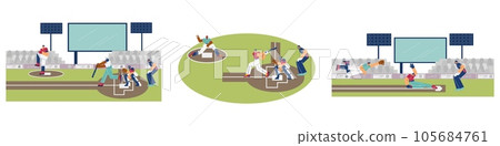 Set of scenes about baseball sport game flat style, vector illustration Set of scenes about baseball sport game flat style, vector illustration 105684761