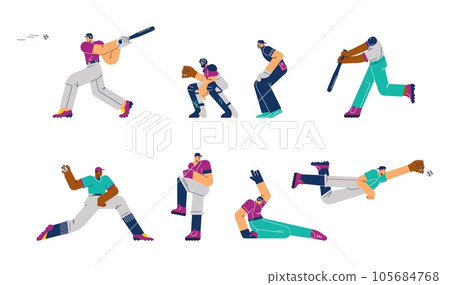 Set of baseball players catching and throwing ball, flat vector illustration isolated on white background. Set of baseball players catching and throwing ball, flat vector illustration isolated on white background. 105684768
