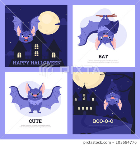 Vector illustration set of cute bats on the background of the castle and the full moon in the night and on white background. 105684776