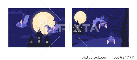 NIght scenery with funny bats at old castle background flat vector illustration. 105684777